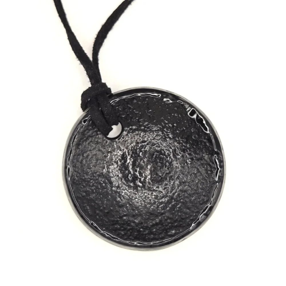 Round Dichroic Glass Pendant Necklace Black Swirls Suede Cord Adjustable Closure
